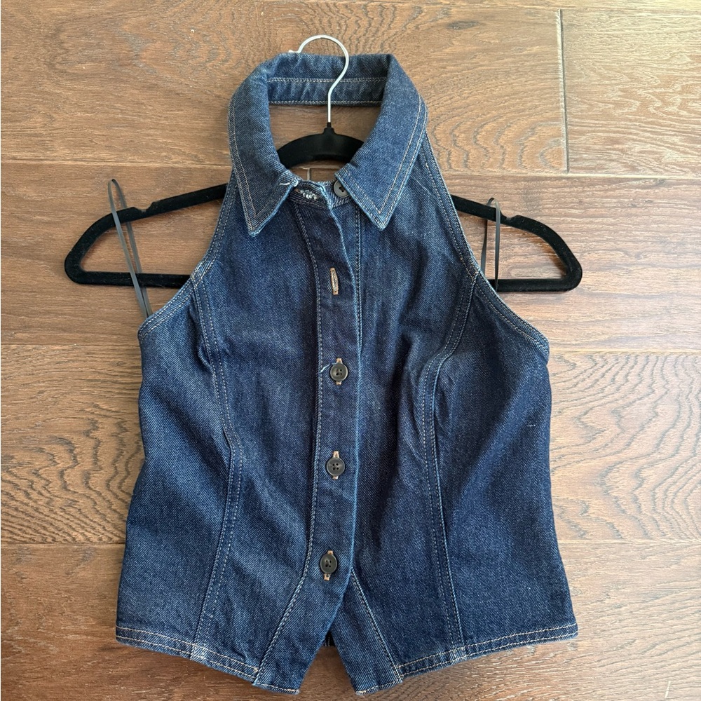 Express Dark Blue Denim Button-Down Halter Top